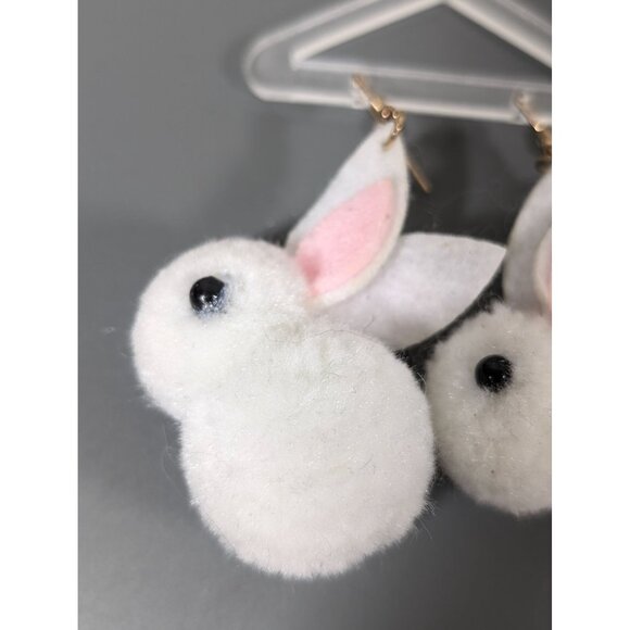 White Pom Pom Rabbit Dangle Earrings Easter Fuzzy - Picture 3 of 5